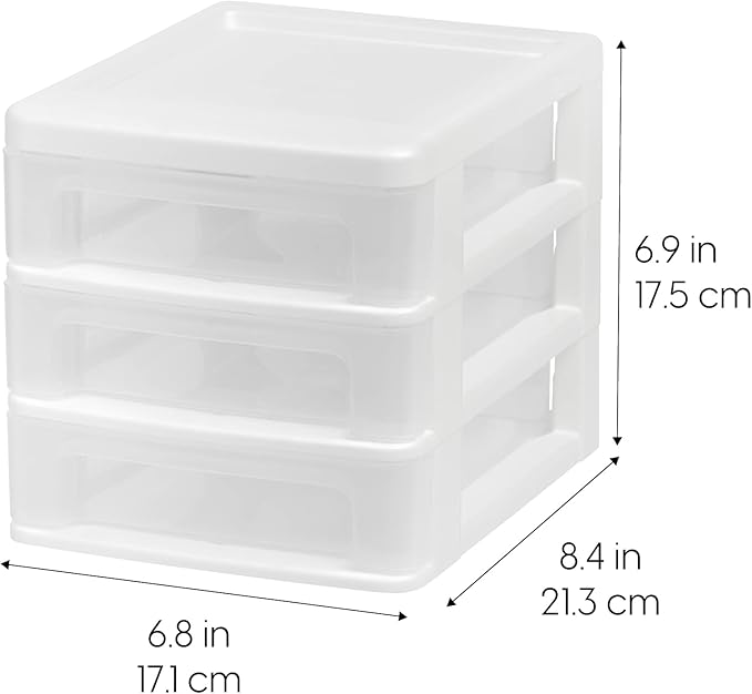 IRIS USA Plastic Stacking Desk Top 3-Drawer Storage Organizer, 2-Pack, for Makep Vanity Nail Polish Bathroom Stationery Art Craft Supplies Kitchen Office Garage and Small Organization, Small, White