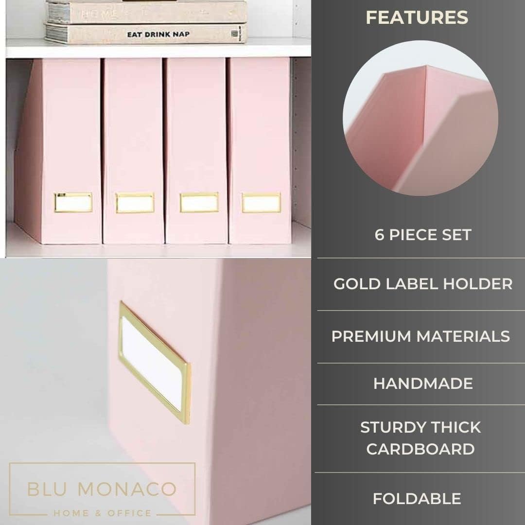 BLU MONACO Set of 6 Foldable Pink Magazine Holder with Gold Label Holders – Cute Stylish Magazine Storage for Shelves, and Closets – Book Bins, File Desk Organizer, and Document Storage
