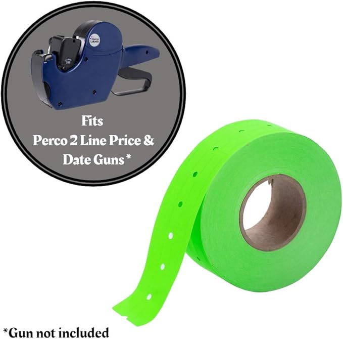 Perco 2 Line Fluorescent Green Labels - 8 Rolls, 1 Sleeve, 6,000 Blank Price and Date Gun Labels for Perco 2 Line Price and Date Guns - Made in USA