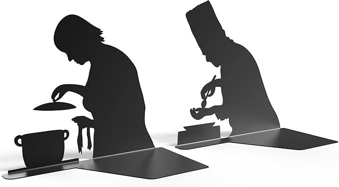 Unique Metal Decorative Bookends - Whimsical Hidden Book Ends for a Cool Book Holder Display - Cute Home Decor and Modern Gift Idea for Shelves Desk or Table (Cooking)