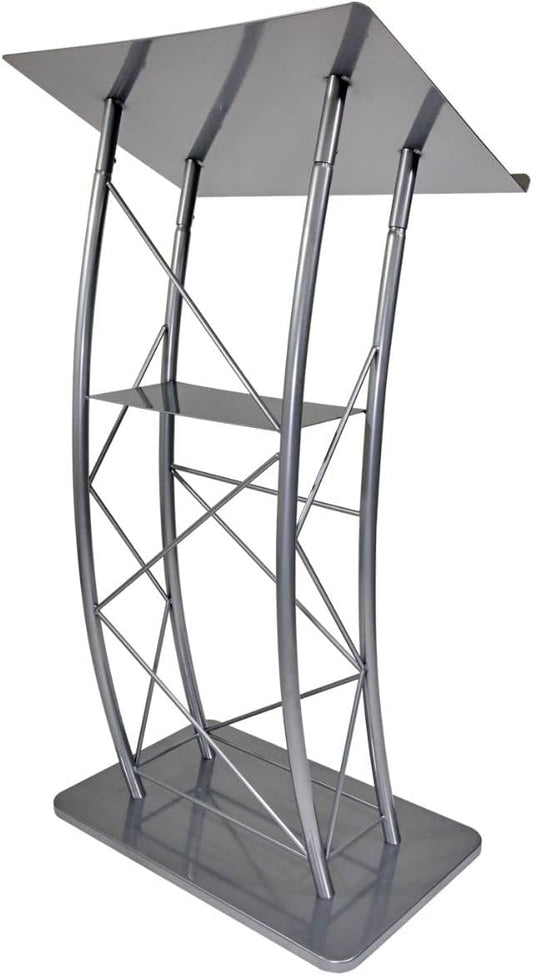Kingdom KML2S Large Curved Lectern with Shelf, Stand Up Church Pulpit, Slanted Lectern, Conference Podium for Speakers, Speeches, and Other Occasions- Truss Lectern, Silver Powder Coat Finish, Metal