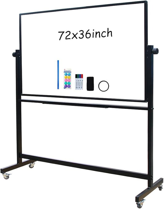 XIWODE 36x72 Large Magnetic Dry Erase Whiteboard with Stand - Double-Sided Freestanding Rolling Board, Flippable Design for Writing & Display, Black Frame for Office, Classroom, Home
