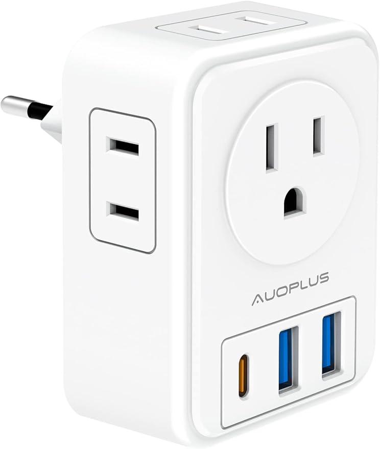 European Travel Plug Adapter, AUOPLUS International Power Plug Adapter with 3 USB Ports (1 USB C), 4 AC Outlets Cruise Ship Essentials for US to Most of Europe Spain Italy France Germany