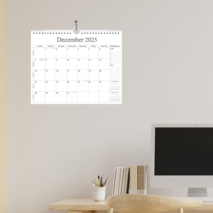 Calendar 2025 - Wall Calendar 2025-2026 from January 2025 - June 2026, 18 Months Calendar with Premium Paper, Twin-Wire Binding & Hanging Hook, 12" x 14.5", Black
