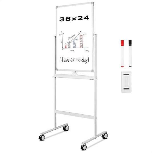 Dry Erase Whiteboard Easel on Wheels - 24 x 36 inch Double Sided Mobile Whiteboard, Reversible Magnetic Double Sided Rolling whiteboard Mobile White Board for Home Office Classroom, (24“x 36”)
