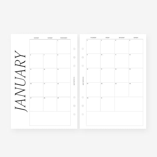 A5 2025 Month on Two Pages Monthly Planner Insert Agenda Refill for 6 ringed A5 Filofax, Kikki K, LV GM agendas (Monthly Classic (Monday Start, Non-Separable Months))