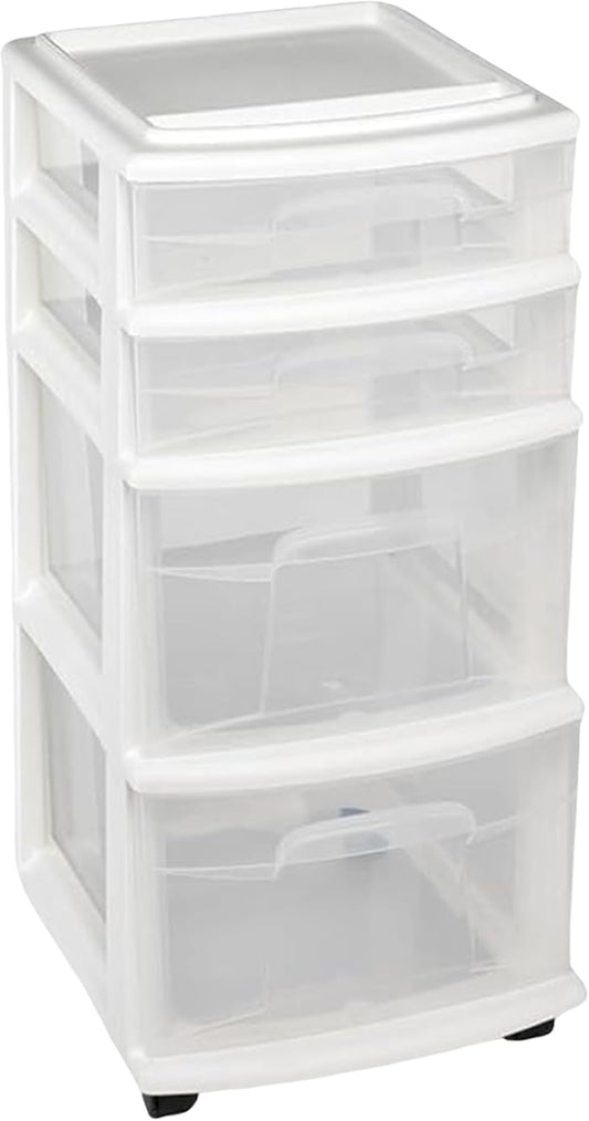 HOMZ 4-Drawer Plastic Storage Cart Organizer with Removable Wheels, White Frame