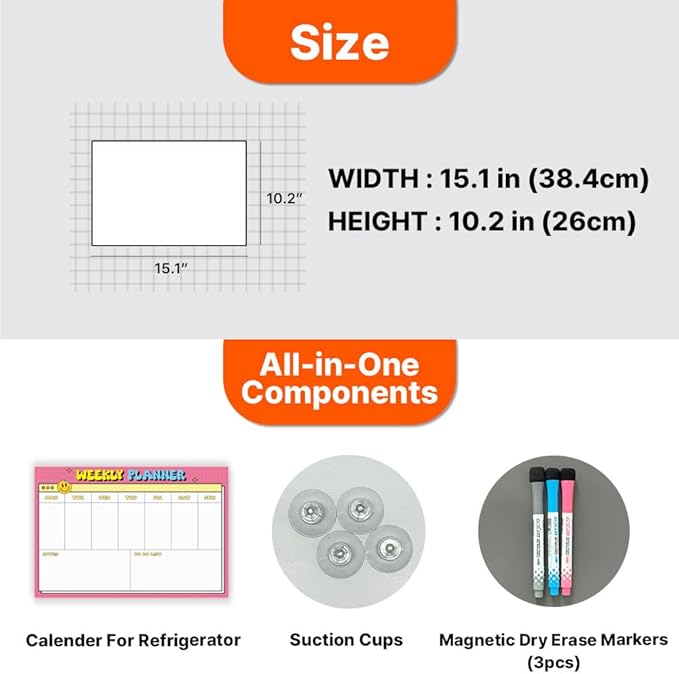 GEEKBEAR Dry Erase Refrigerator Calendar with 3 Markers - Attachable to Any Fridge with Special Suction Cups - Monthly and Weekly Designs, Acrylic - 15.7" x 10.6" (07. Smile Pink, Weekly)