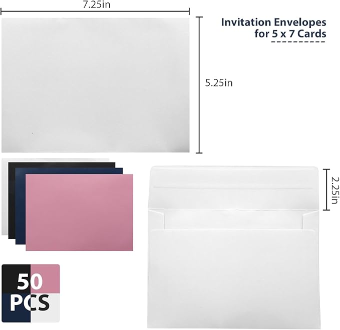 50 Packs White A7 Envelopes,5x7 Envelopes,5x7 Envelopes for Invitations,Printable invitation envelope,Photos, postcards, greeting cards, mailings, Wedding Self-sealing Envelopes (white)