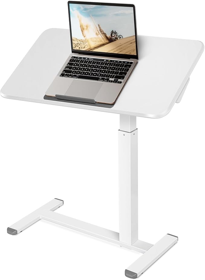 Mobile Standing Desk Adjustable Height, Sit Stand Foldable Desk with Wheels, 90° Tiltable Overbed Bedside Table, Portable Rolling Laptop Desk for Home, Office, School (White)