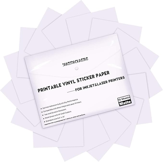 JANDJPACKAGING Printable Vinyl Sticker Paper - Waterproof Printable Vinyl for Laser & Inkjet Printer 15 Self-Adhesive Sheets - Matte White - Standard Letter Size 8.5"x11"