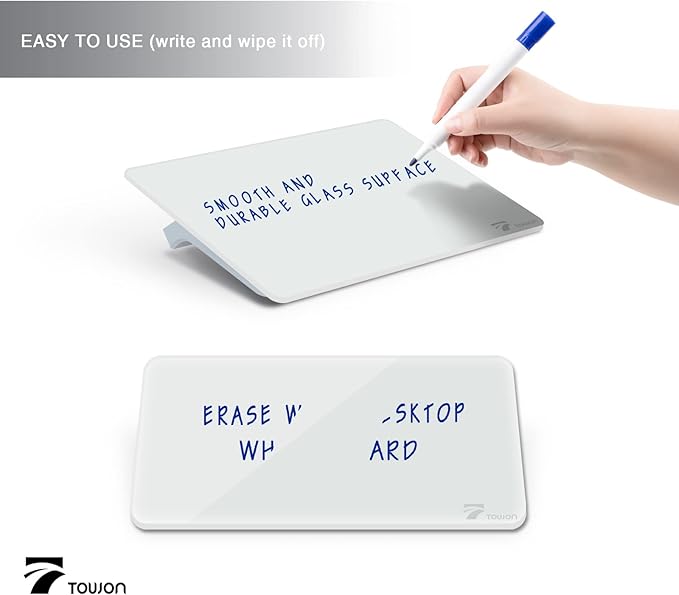 TOWON Small Glass Dry Erase Board, Desk White Board with Standing, Mini Whiteboard Easel Pad Set, Stenography Artifact for Office, Home and School Supplies, 8x6 Inches, White