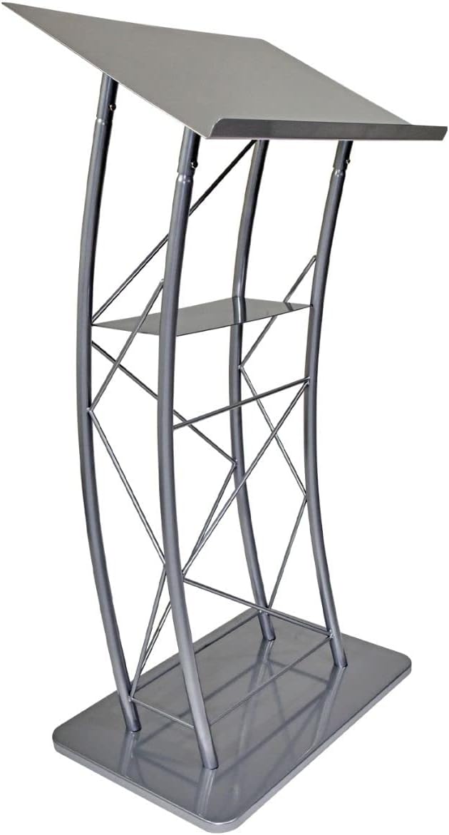 Kingdom KML2S Large Curved Lectern with Shelf, Stand Up Church Pulpit, Slanted Lectern, Conference Podium for Speakers, Speeches, and Other Occasions- Truss Lectern, Silver Powder Coat Finish, Metal
