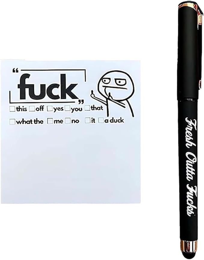 Fresh Outta Fucks Pad and Pen Funny Sticky Notes and Pen Set White Elephant Gift Novelty Pen Funny Desk Accessory Fun Gifts for Friends (Black)