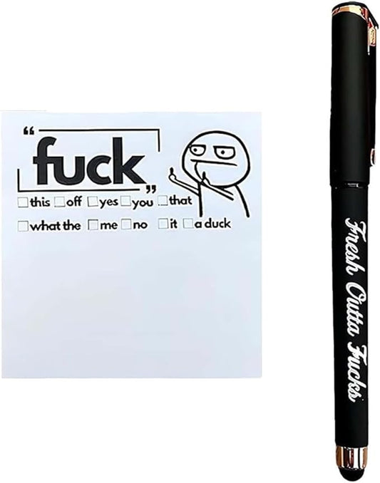 Fresh Outta Fucks Pad and Pen Funny Sticky Notes and Pen Set White Elephant Gift Novelty Pen Funny Desk Accessory Fun Gifts for Friends (Black)