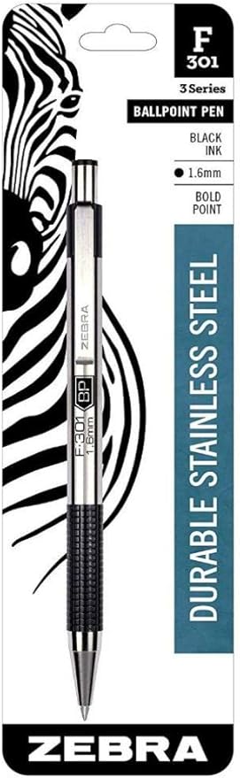 Zebra Pen F-301 Retractable Ballpoint Pen, Stainless Steel Barrel, Bold Point, 1.6mm, Black Ink, 1-Pack