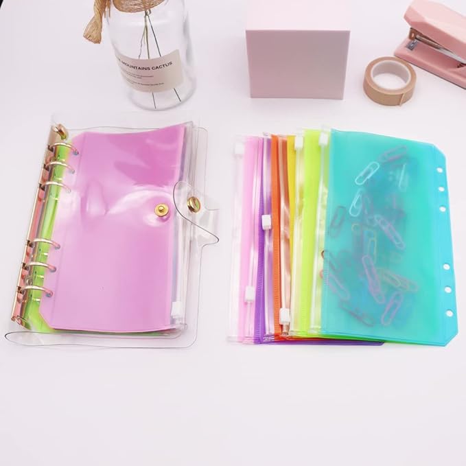 Colorful PVC Binder Pockets 12pcs A6 Binders Zipper Pouch Bag Loose Leaf 6 Holes PVC Zip Organizer Folder for Journal Budget Filing Pocket Bags