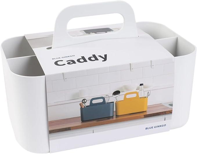 BLUE GINKGO Stackable Organizer Caddy – Korean-Made Portable Tote for Bathroom, Office, Crafts, or School Supplies (Rectangle, White)