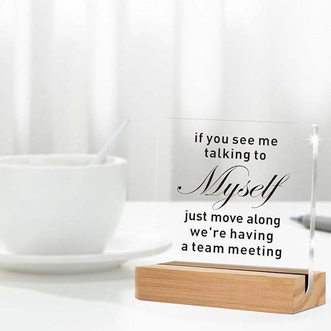 Funny Office Decor for Women Men, Funny Desk Decor Sign, If You See Me Talking to Myself We're Having a Team Meeting Clear Decorative Acrylic Sign With Wooden Stand for Desk Table Shelf