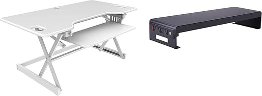 Rocelco 46" Large Height Adjustable Standing Desk Converter with Double Monitor Mount Stand BUNDLE - Quick Sit Stand Up Computer Workstation Riser - Retractable Keyboard Tray - White (R DADRW-46-DMS)