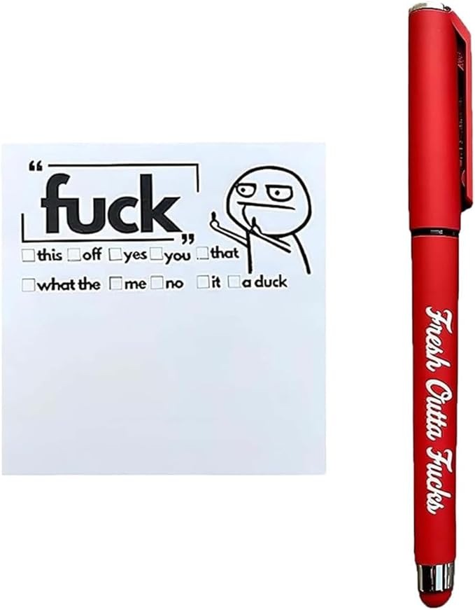 Fresh Outta Fucks Pad and Pen Funny Sticky Notes and Pen Set White Elephant Gift Novelty Pen Funny Desk Accessory Fun Gifts for Friends (Red)