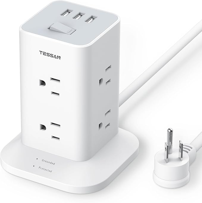 Tower Power Strip with 6 Feet Extension Cord, 8 Outlets 3 USB Chargers, 1700 Joules Surge Protection, Extension Cord with Multiple Outlets, 1875W, Office Supplies, Dorm Essentials, Charging Station