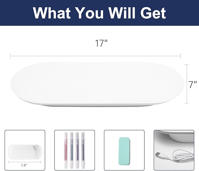 TSJ OFFICE Glass Desktop Whiteboard - 17 X 7 Inches Small Dry Erase Board with Warm White Light, Glass White Board Surface Notepad with 1 Drawer, Desk Organizers for Office, Home, School Supplies