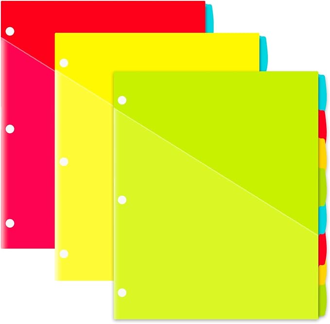 INFUN Plastic 8-Tab Binder Dividers with 2 Pockets - 3 Sets, 24 pcs Multicolor Pocket Dividers with 3 Holes for 3 Ring Binders,Total 24 Tabs