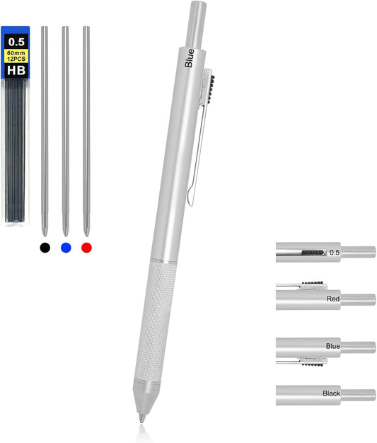 YOUMI Multicolor pen 4 in 1 Multifunction Pen with Metal Cased 0.5mm Mechanical Pencil Red Ballpoint Pen Blue BallpointPen and Black Ballpoint Pen Gift for Journaling (Silver)