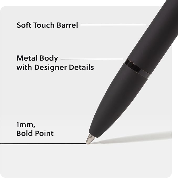 U Brands Midnight Monterey Ballpoint Pens, Set of 2, Black Soft Touch, Painted Black Details, Bold (1.0 mm) Point, Black Ink