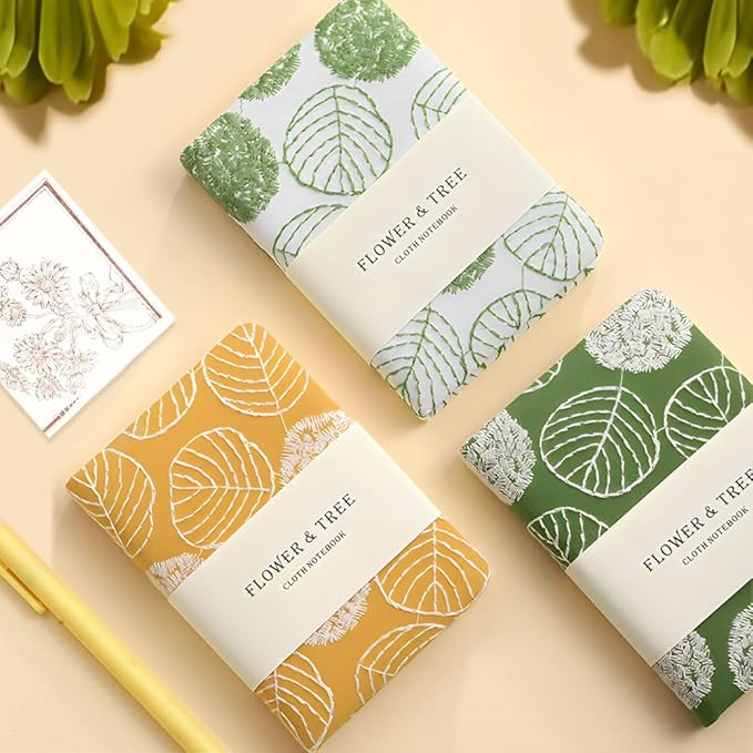 Embroidered Mini Notebook for Girl, Small Fabric Hardcover Journal, A6, 264 Pages, 4x6 Lined Notebook & unlined Sketchbook, Cute Diary, Pocket Notepad Kids Journal, Green Leaf.