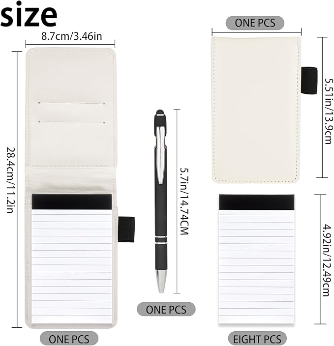 Camelmother 10Pocket Notebook Small Notepad Holder Set 3 x 5 Inch with Pen Small notebooks note pads Leather Notepad (white notepad)