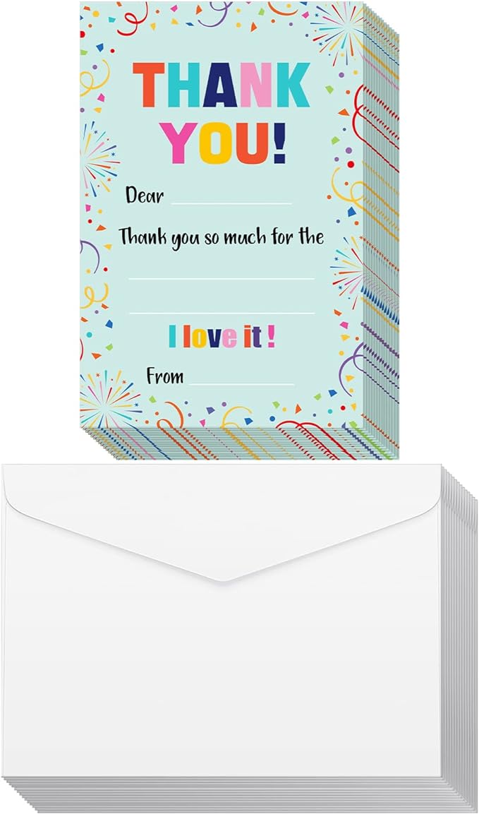 72 Pieces Kids Thank You Cards Fill in the Blank Thank You Notes with Envelopes Colorful Thanks Cards for Birthday Party(Confetti Style)
