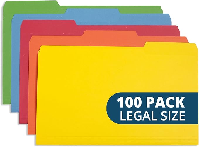 Blue Summit Supplies Colored File Folders Legal Size, 1/3 Cut Tab, Great for Organizing and Easy File Storage, 100 Per Box