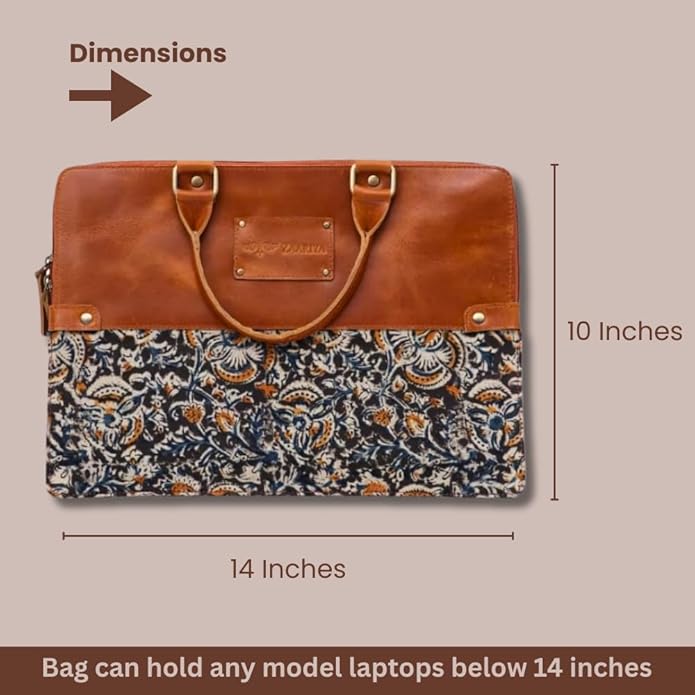 Handcrafted Laptop Bag/Sleeve/Case for Women | Made From Leather With Handblock Fabric - Ideal For 13 Inch Devices