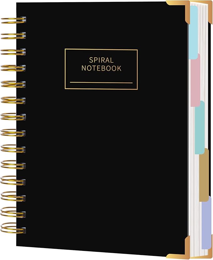 Spiral Notebooks for Work School with Tabs 5.5"x7.5" Small Spiral Journals Notenook for Women with Dividers 220 Pages College Ruled Composition 5 Subject Notebook, Back to School, Black