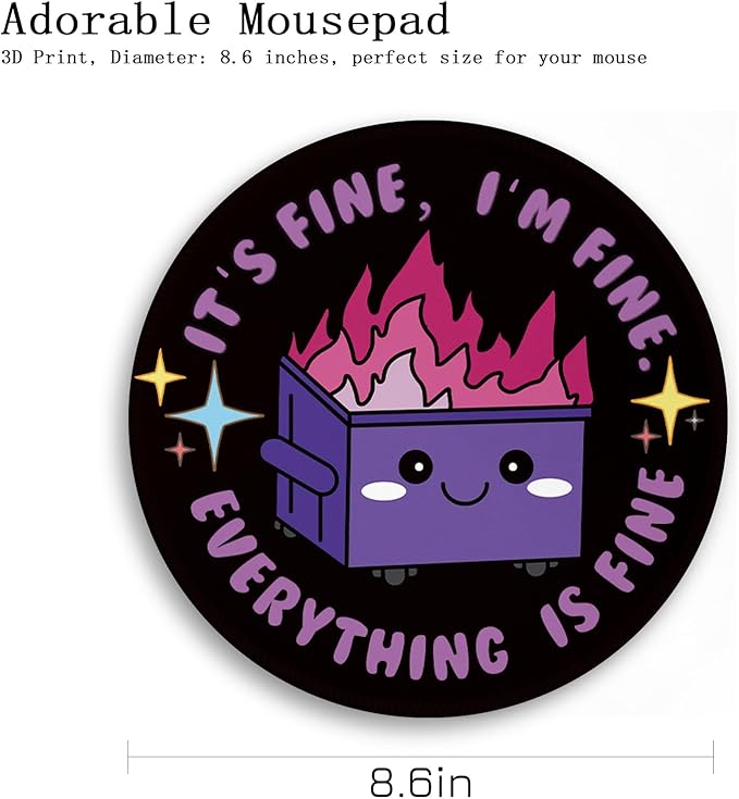 Gctriki Dumpster on Fire Mouse Pad, Cute Round Mouse Pads for Desk, Funny Purple Dumpster Mousepad for Laptop Gaming, Stitched Edge Non-Slip Rubber Base, Cute Office Desk Accessories Decor for Women