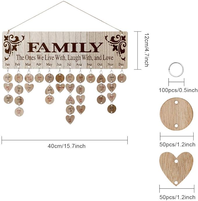 Gifts for Mom Grandma to Remember Family Birthdays, Joy-Leo Wooden Family Birthday Reminder Calendar Board with 100 Wood Tags, Decorative Birthday Tracker Plaque Wall Hanging, Model JL01