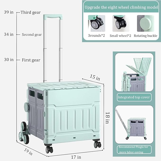 Foldable Utility Cart,Folding Portable Rolling Crate Handcart with Lid,Collapsible Aluminium Alloy Telescoping Handles,8 Wheels for Travel Shopping Climbing Stairs Moving Storage Office Use