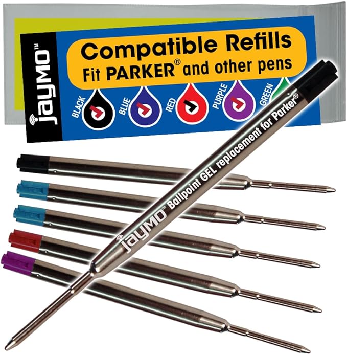 Jaymo Replacement for Parker 1950369/1950370/1950371 and Bastion - Measures 3.875 in / 98 mm Long - G2 Ballpoint Pen Refill - 2 Black + 2 Blue + Red + Purple