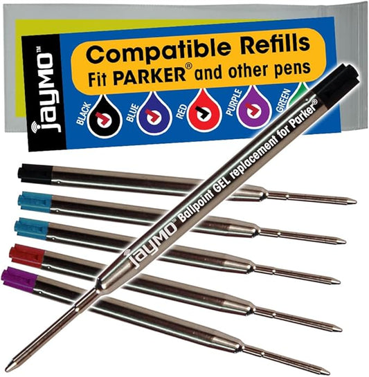 Jaymo Replacement for Parker 1950369/1950370/1950371 and Bastion - Measures 3.875 in / 98 mm Long - G2 Ballpoint Pen Refill - 2 Black + 2 Blue + Red + Purple