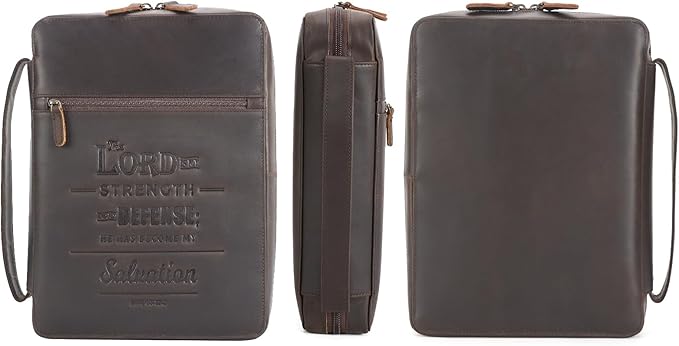 Polare Full Grain Cowhide Leather Bible Cover Church Bag Bible Protective Book Holder Carrying Case Folder Organizer Portfolio (Dark Brown(Lord is My Strength & Defense))