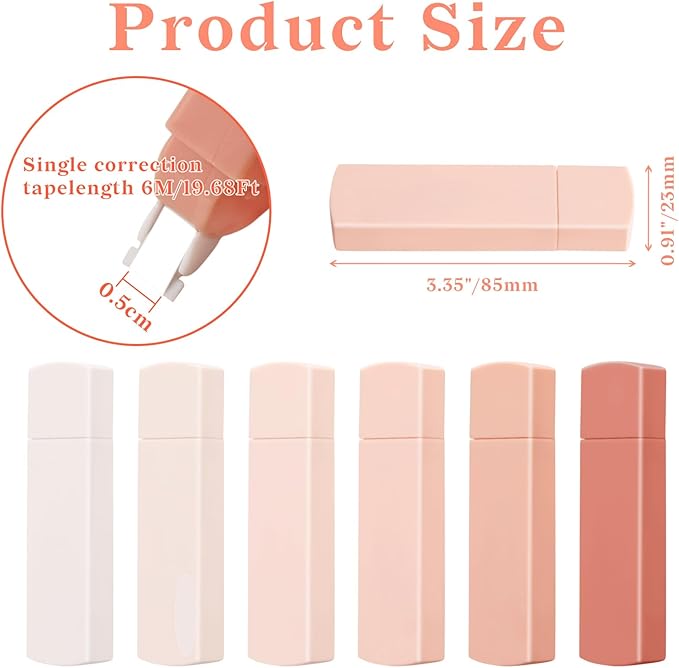 Temiary 6Pcs Mini White Out Tapes for Instant Correction, Cute Whiteout for Writing, Aesthetic Correction Tape Set Easy To Use for Students School Office Supplies (Pink)