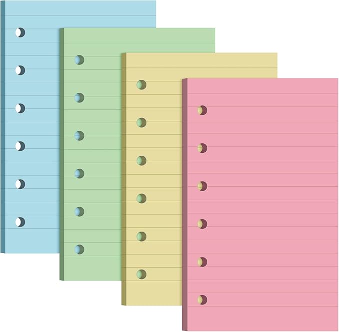 Ireer 200 Sheets Blank Lined Paper Refill for 3 x 5 Binders 6 Ring Memo Refill Paper Mini Ruled Filler Paper Books Planner Inserts Blank Lined Paper for Binder (Pink Blue Yellow Green)