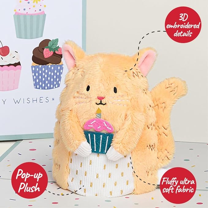 Lovepop Plushpop Soft Animal Pop-Up Card for Her and Him - 3D Birthday Greeting Card for Boys, Girls, Men, Women - Cupcake Cat - 6" x 8" Card
