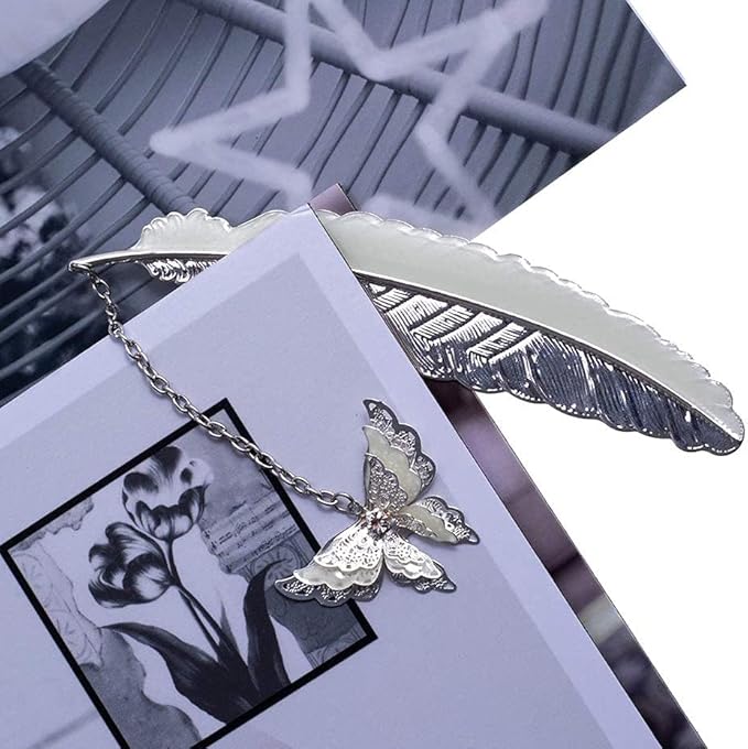 Feather Metal Bookmark with 3D Butterfly Pendant, Unique Glow in The Dark Butterfly Bookmark, Mothers Day, Thanksgiving, Valentine's Day Gifts Gift for Women Her (Silver Butterfly)