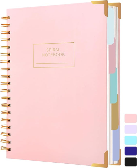 Yoment Hardcover Spiral Notebooks for Work School Note Taking, 8"x10" Journal Notebook with Tabs Dividers, Multi 5 Subject Notebook College Ruled, 240 Pages Lined Journal for Women, Pink