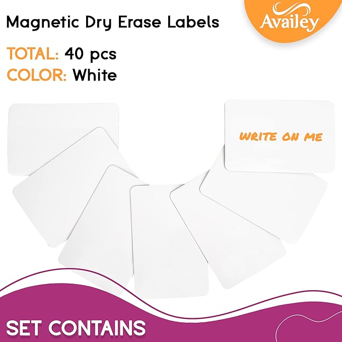 Availey 40 Pieces (3 x 2") - White Magnetic Dry Erase Labels - Reusable Strips for Classroom Home Office Garage - Refrigerator Blank Writable Erasable Cards - Name Tags Students Locker Shelf