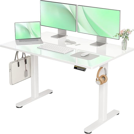 Glass Standing Desk, Electric Standing Desk Adjustable Height, 48 Inch Adjustable Stand Up Desk, Quick Install Home Office Computer Desk, Super White