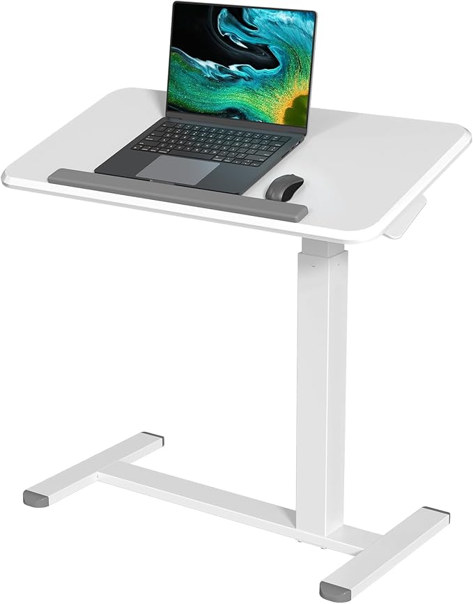 Rolling Laptop Desk, 180° Tiltable Mobile Standing Desk Height Adjustable, Overbed Bedside Table, Portable Computer Desk with Wheels, Foldable Laptop Cart for Home Office, White